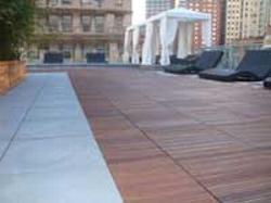 Bison adjustable pedestals support elevated Ipe wood tiles